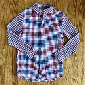 Vineyard Vines boys' red, white, and blue gingham performance shirt.